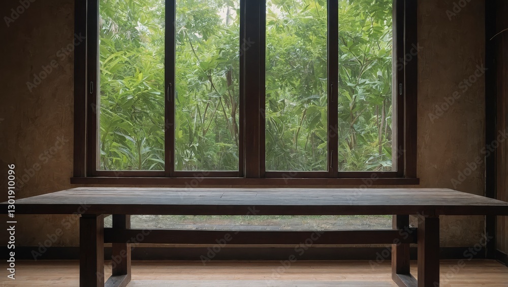 Empty wooden table and window room interior Empty wooden table and window room interior