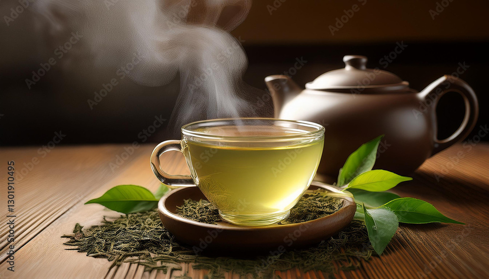 Fototapeta premium Steaming Cup of Green Tea on Wooden Table