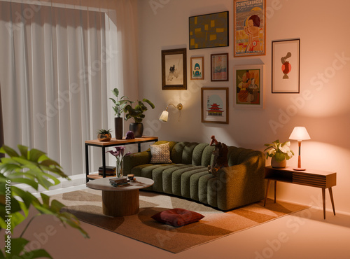 Photos Vibrant, maximalist eclectic living room 3D render with warm mood lighting and sunlight coming through curtains