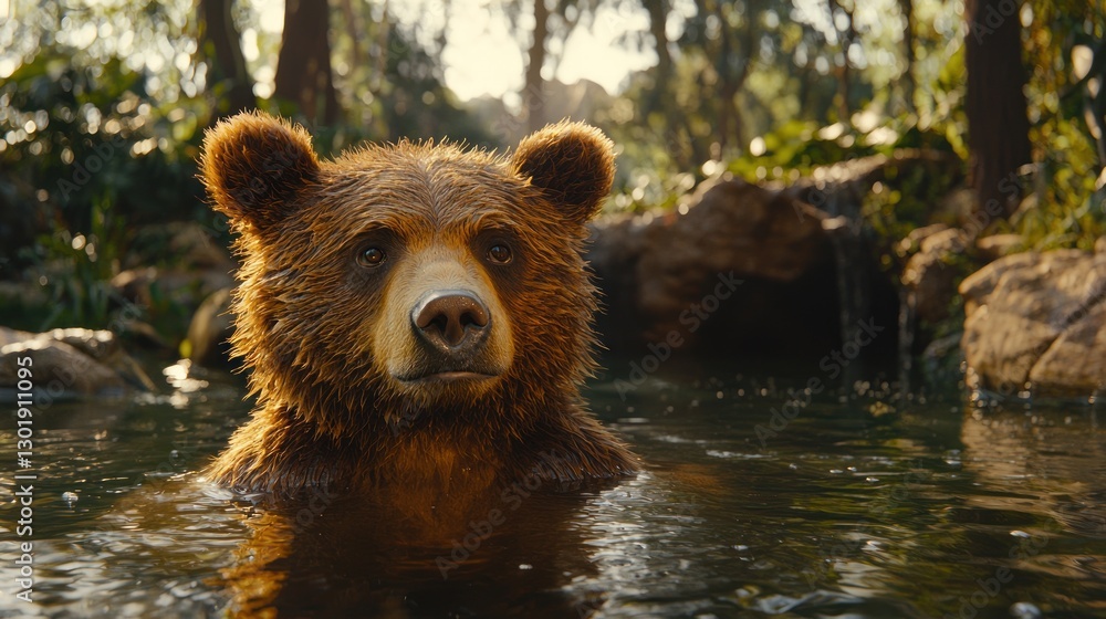 A brown bear calmly sits in a jungle pool, its fur glistening. A brown bear calmly sits in a jungle pool, its fur glistening.