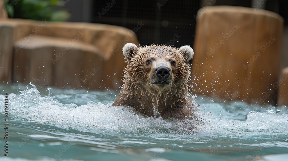 A brown bear emerges from water, splashing. Its fur is wet, and it looks directly at the camera. The background is blurred, showing rocks. A brown bear emerges from water, splashing. Its fur is wet, and it looks directly at the camera. The background is blurred, showing rocks.