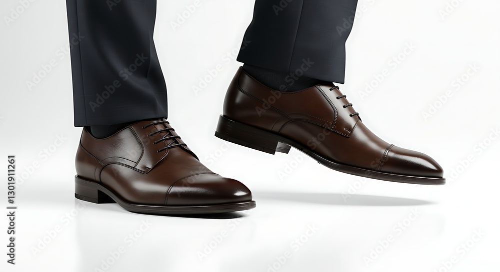 Walking in Brown Leather Dress Shoes on White Background Studio Shot