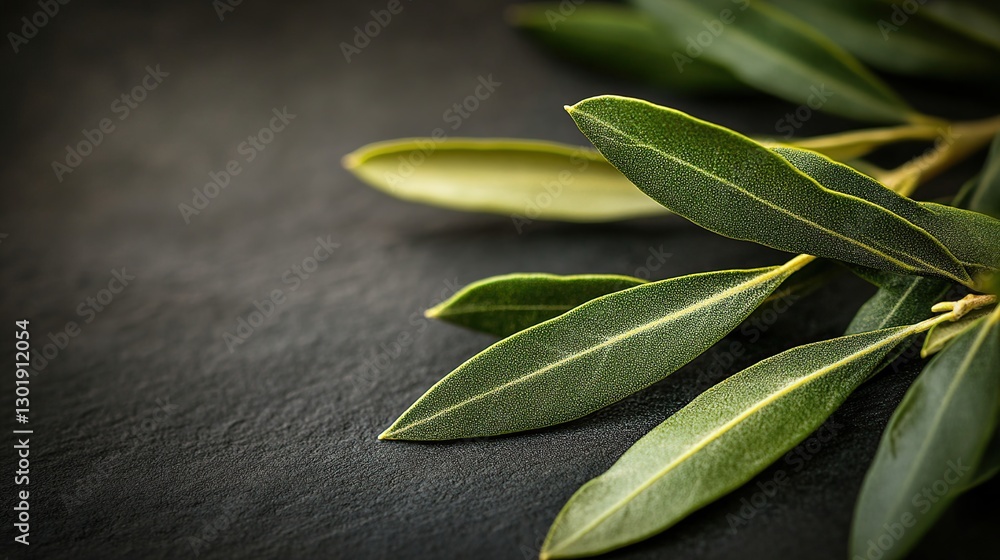 Obraz premium Fresh olive leaves on dark slate background