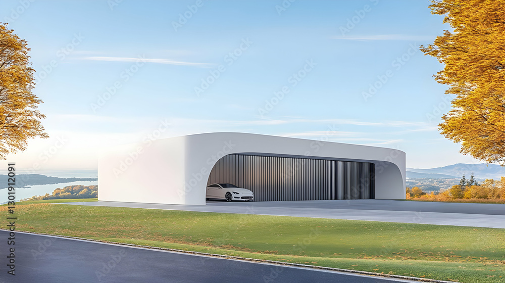 Obraz premium 3D Illustration Modern Garage, Car, Autumn Trees, Lake View