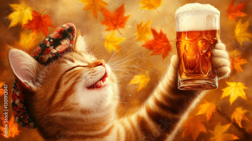 Autumn Cat with Beer Illust...