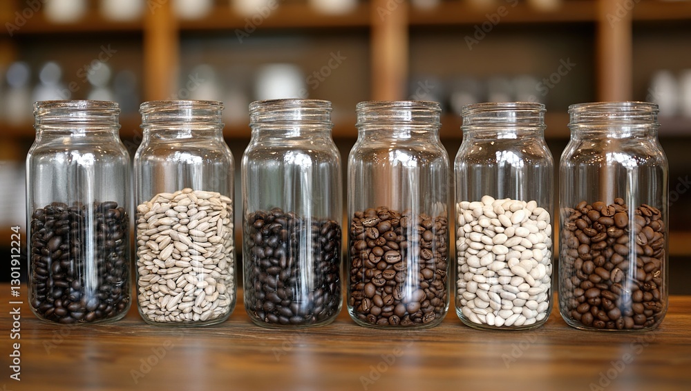 Assortment of Roasted Coffee Beans in Glass Jars Assortment of Roasted Coffee Beans in Glass Jars