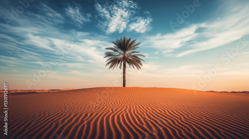 Vast Desert Landscape with Golden Sand Dunes and a Lone Palm Tree: A Stunning Scene Under a Dramatic Sunset Sky, Capturing the Serenity, Beauty, and Solitude of the Endless Sands