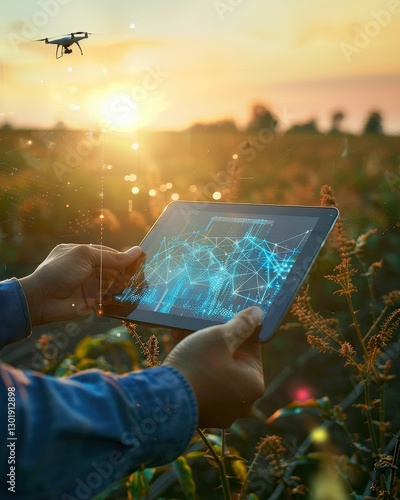 A person using a tablet to monitor drone activity over a vibrant agricultural field at sunset