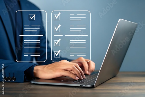 Professional typing on a laptop with task management icons, representing digital productivity, business workflow optimization, and efficient project execution. photo