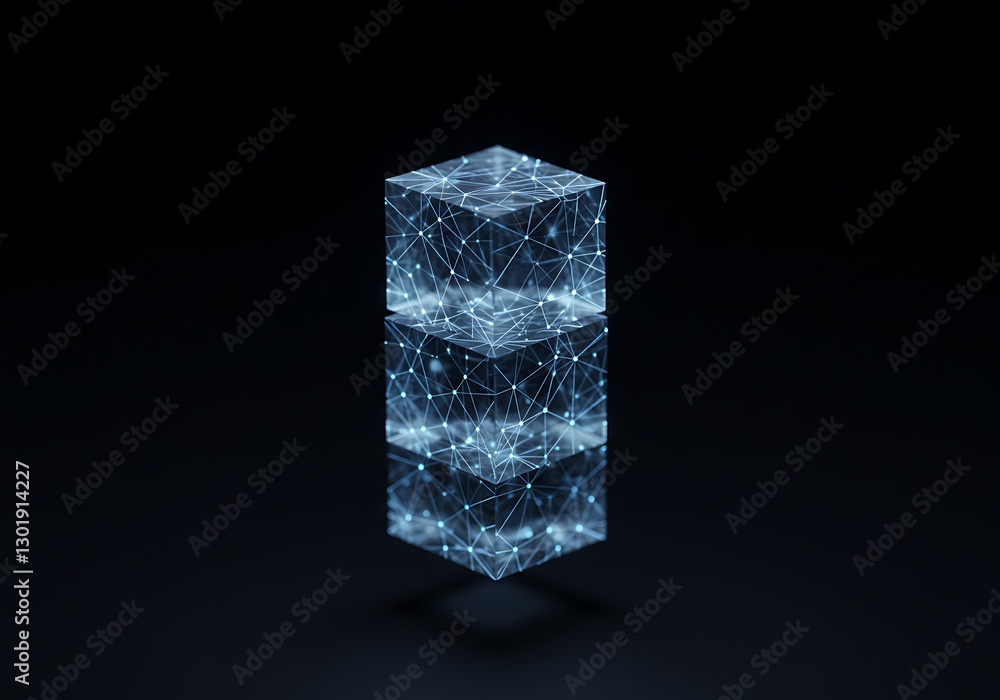 Fototapeta premium Stacked Transparent Cubes with Connected Dots Glowing on Black Background