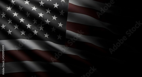 A black and white American flag waving on a black background