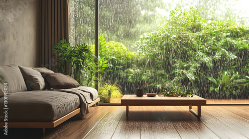 Serene Rainy Day Relaxation Modern Living Room with Lush Greenery View