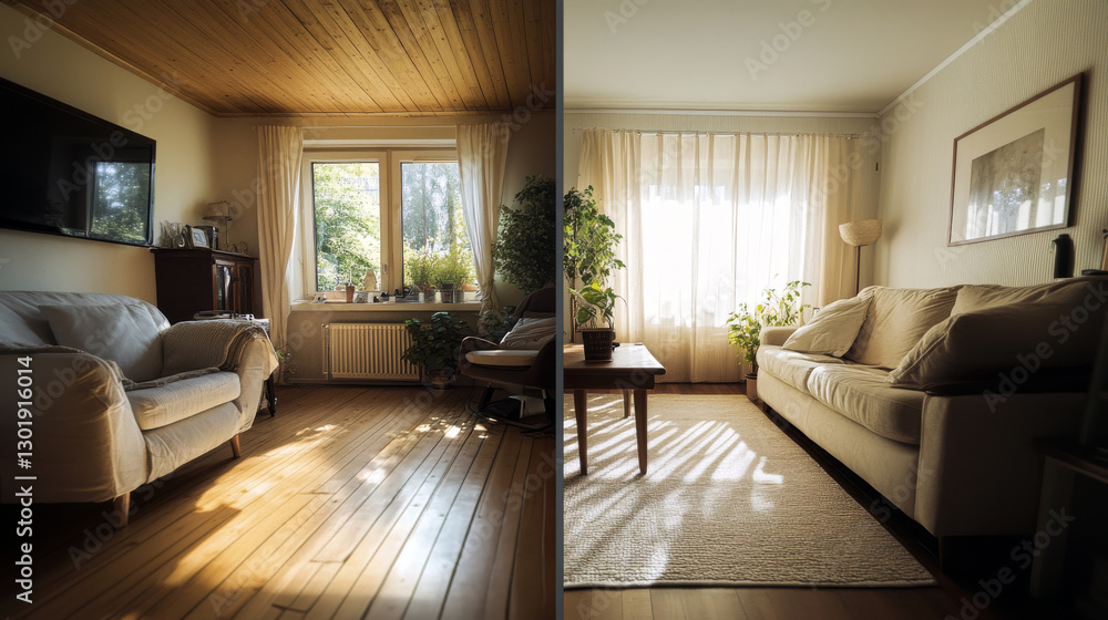 Fototapeta premium Side-by-Side Comparison of Old vs. New Renovation in a Living Room