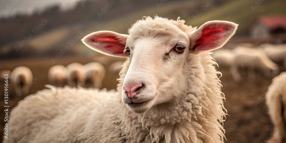 Obraz premium Close-Up Sheep Portrait: Fluffy White Wool and Expressive Eyes in a Rustic Farm Setting