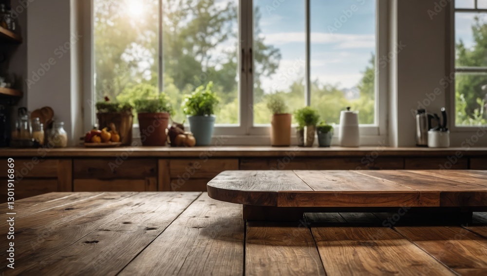 Fototapeta premium Wooden kitchen table with background of window for product display