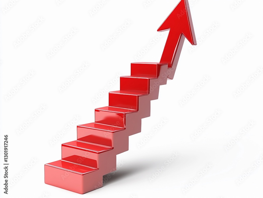A conceptual 3D illustration of a glossy red staircase transforming into an upward arrow, symbolizing growth, success, financial progress, business achievements, and career advancement A conceptual 3D illustration of a glossy red staircase transforming into an upward arrow, symbolizing growth, success, financial progress, business achievements, and career advancement