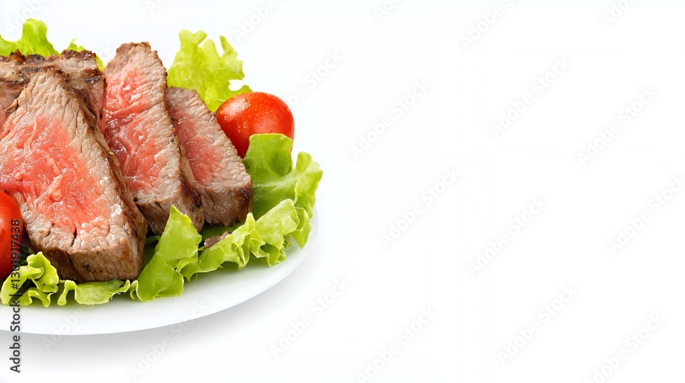 Sliced Grilled Steak with Salad on White Plate Sliced Grilled Steak with Salad on White Plate