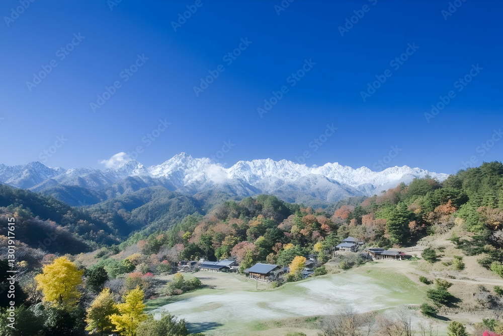 Obraz premium Photo - Autumn Mountain Village, Snow Peaks, Clear Blue Sky