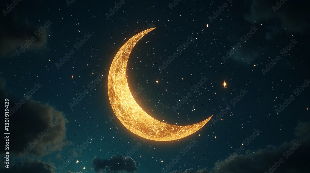 Golden crescent moon in night sky with sparkling stars and clouds dark. Golden crescent moon in night sky with sparkling stars and clouds dark.