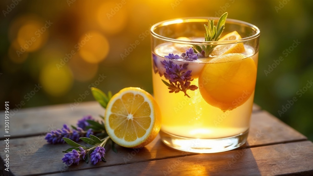 Glass of fresh lemonade on a wooden surface, decorated with lemon slices, rosemary sprigs and purple flowers. A whole lemon and a sprig of rosemary are nearby. Refreshing drink, homemade cocktail Glass of fresh lemonade on a wooden surface, decorated with lemon slices, rosemary sprigs and purple flowers. A whole lemon and a sprig of rosemary are nearby. Refreshing drink, homemade cocktail