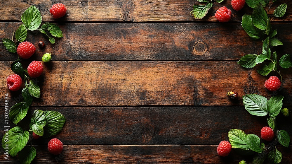 Fresh raspberries and leaves on rustic wooden background Fresh raspberries and leaves on rustic wooden background