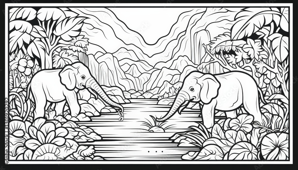 Obraz premium Two elephants drinking from a river amid lush vegetation and mountains in a serene landscape