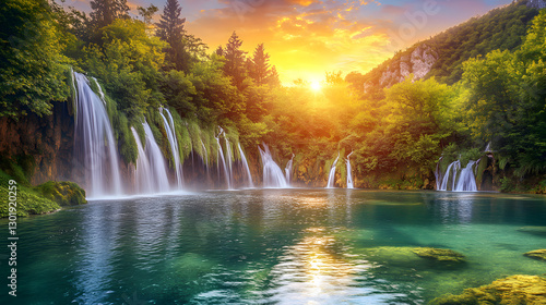 Golden light from a setting sun illuminating waterfalls and a vibrant, green valley.