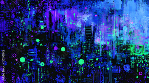 A futuristic city lit with neon hues of purple, green, and blue.