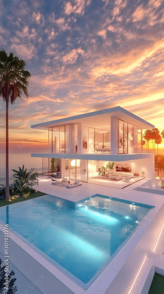 Fototapeta premium 3D Illustration Modern Luxury Villa Sunset Ocean View Pool Palm Trees