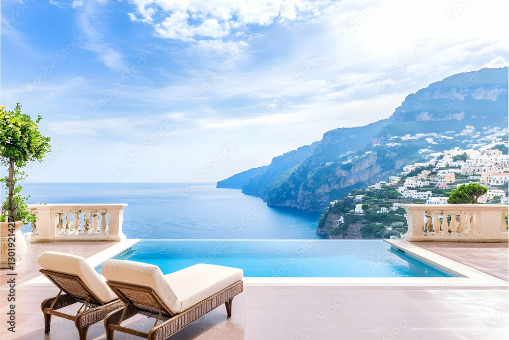 Naklejka premium Photo - Luxury Infinity Pool Ocean View, Coastal Relaxation, Travel Destination