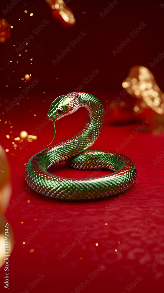 Fototapeta premium 3D Illustration Green Snake Red Background Gold Specks