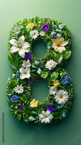 Elegant Floral Number Eight adorned with a lush arrangement of flowers and greenery, in shades of white, yellow, and blue, set against a deep green background. Vertical, top view.