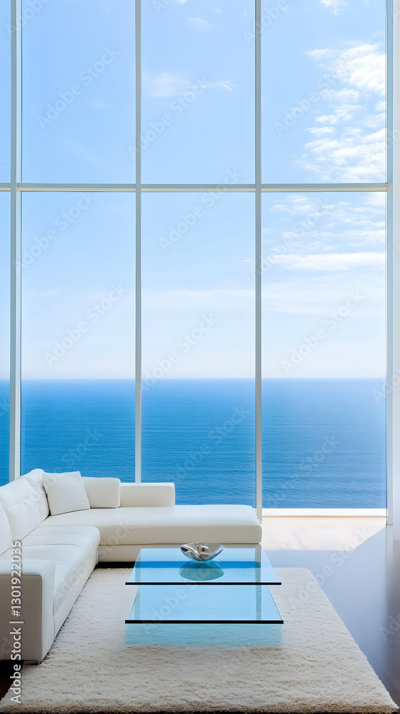 Fototapeta premium Photo - Coastal Interior Design, Ocean View, White Sofa, Glass Table, Rug, Modern Home