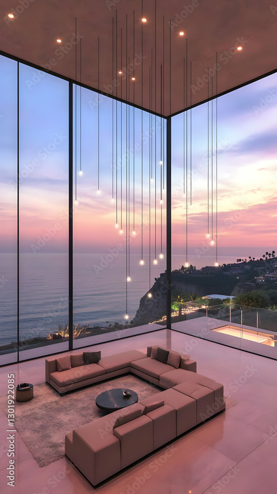 Fototapeta premium 3D Illustration Modern Living Room Ocean View Sunset Architecture Interior Design Luxury Home Decor