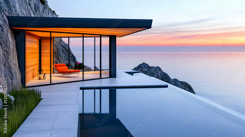 Fototapeta premium 3D Illustration Ocean View Home Architecture Sunset Pool