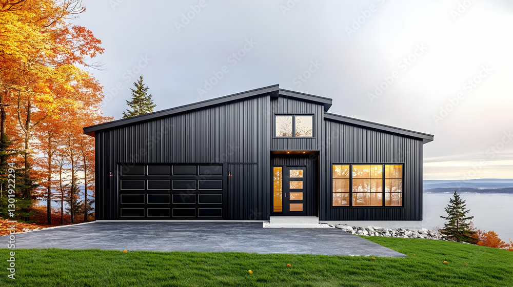 Obraz premium 3D Illustration Modern Black House, Lake View, Autumn Trees, Architecture