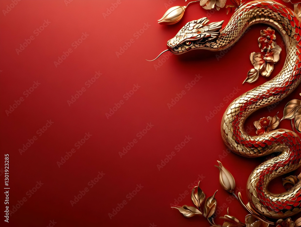 3D Illustration Golden Snake Red Background Flowers Decoration 3D Illustration Golden Snake Red Background Flowers Decoration
