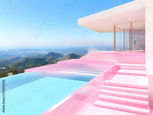 3D Illustration Pink Paradise Pool, Steps, Ocean View, Sky, Architecture