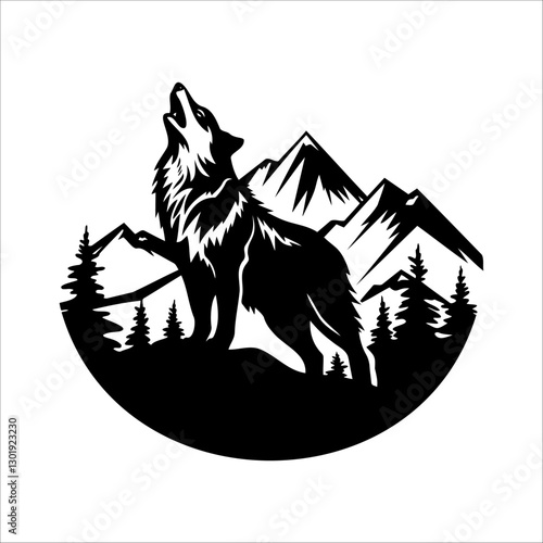 Wolf howling at night full moon. Black and white wolf logo, wolf vector. Printing on a T-shirt. Vector illustration