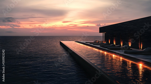 3D Illustration Ocean Sunset, Luxury Villa, Infinity Pool