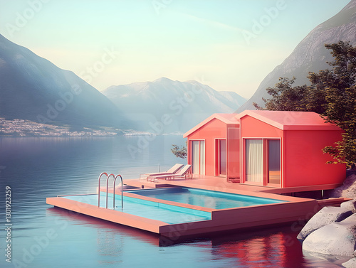3D Illustration - Lakeside Retreat Pool, Mountains, Tranquil Escape