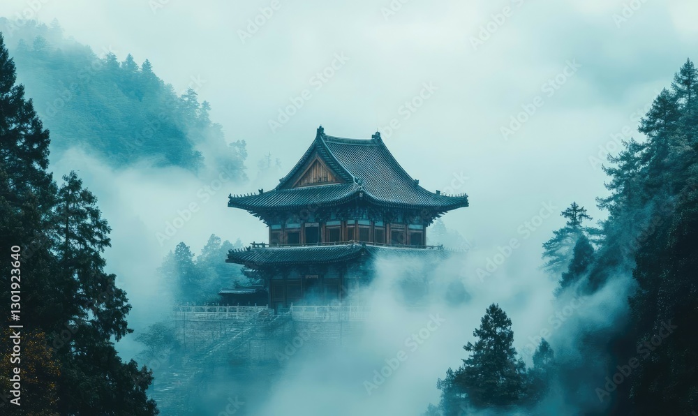 Serene Temple in Misty Mountains Surrounded by Lush Greenery Serene Temple in Misty Mountains Surrounded by Lush Greenery