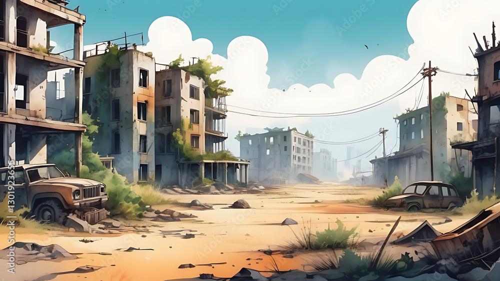 Fototapeta premium Exploring Abandoned Cityscape with Dilapidated Buildings and Cars under Cloudy Sky