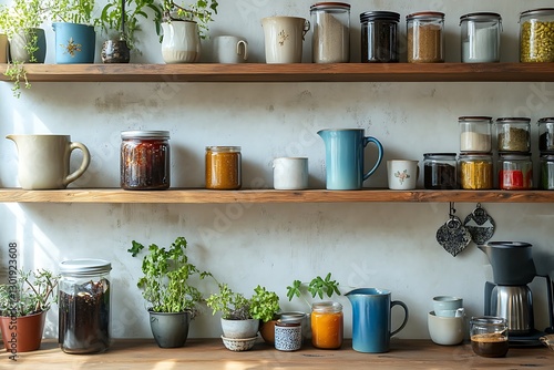 Organized Kitchen Shelves with Jars and Plants