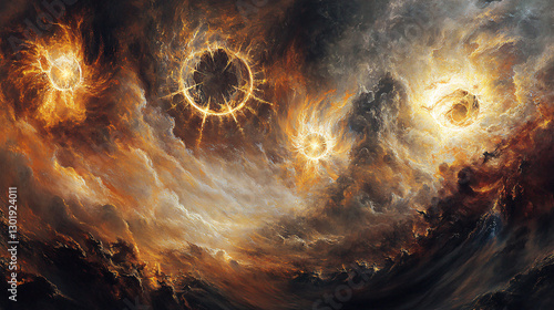 Celestial Wheels: Ezekiel's Vision of Glowing Beings Amidst Whirlwind of Amber Fire and Stormy Skies