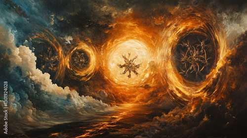 Celestial Wheels: Ezekiel's Vision of Glowing Beings Amidst Whirlwind of Amber Fire and Stormy Skies