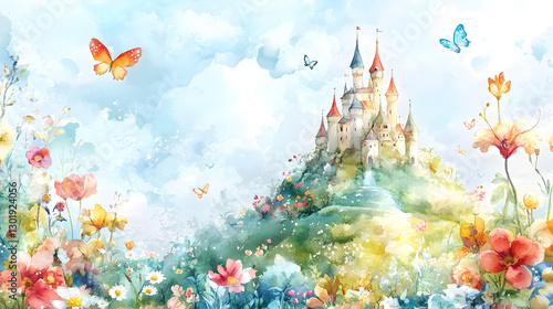 A fairy-tale scene of a castle surrounded by lush gardens and vibrant butterflies.