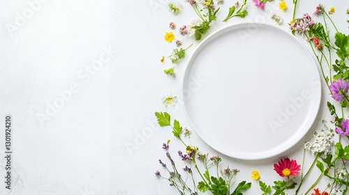 White Plate Decorated with Colorful Spring Flowers on White Background