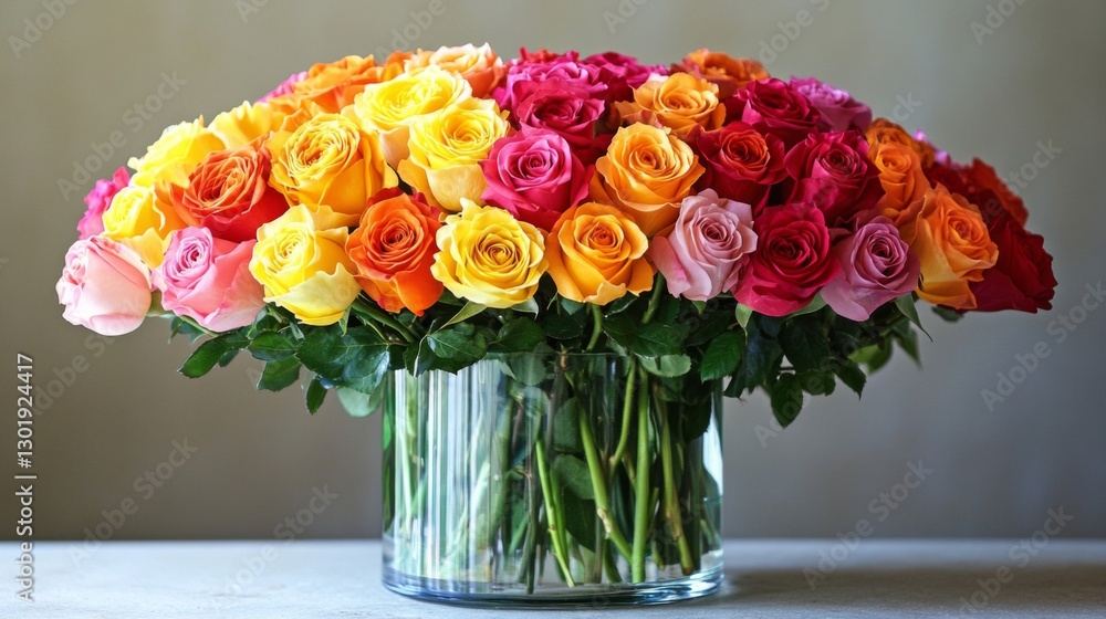 Fototapeta premium A Colorful Bouquet Of Roses In A Glass Vase