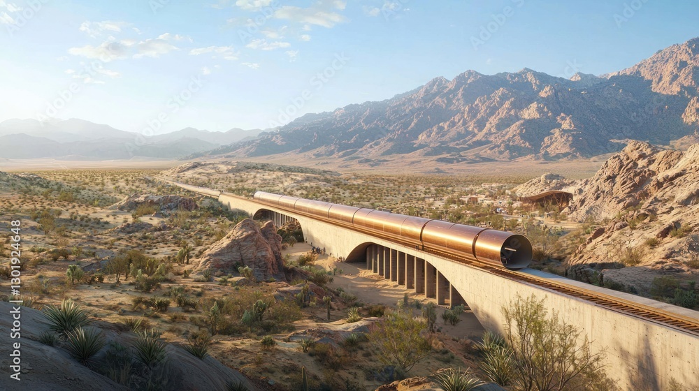 Naklejka premium Futuristic high-speed train in desert landscape.